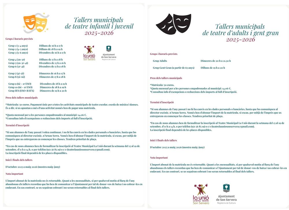 Tallers municipals de teatre (oferta 2025-2026)